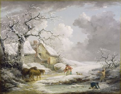 Winterlandschap met mannen die een oude vrouw bekogelen met sneeuwballen, 1790 door George Morland